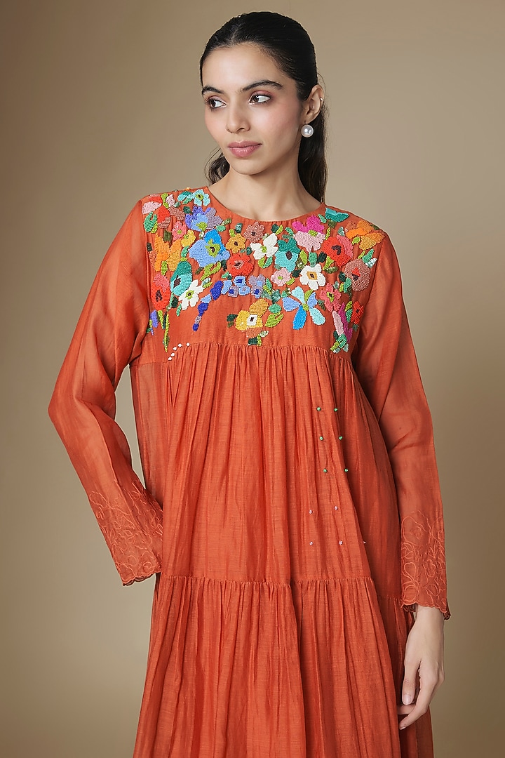 Orange Fine Chanderi Tiered Vacation Dress by Half Full Curve at Pernia's Pop Up Shop