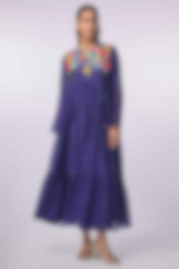 Blue Fine Chanderi Hand Embroidered Tiered Vacation Dress by Half Full Curve at Pernia's Pop Up Shop