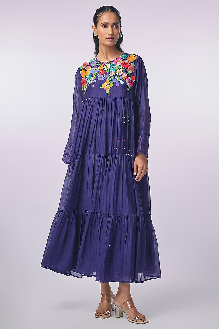 Blue Fine Chanderi Hand Embroidered Tiered Vacation Dress by Half Full Curve at Pernia's Pop Up Shop
