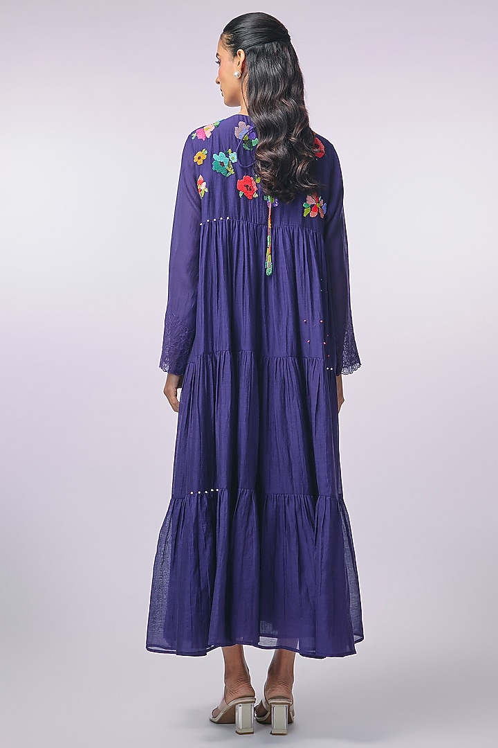 Blue Fine Chanderi Hand Embroidered Tiered Vacation Dress by Half Full Curve at Pernia's Pop Up Shop