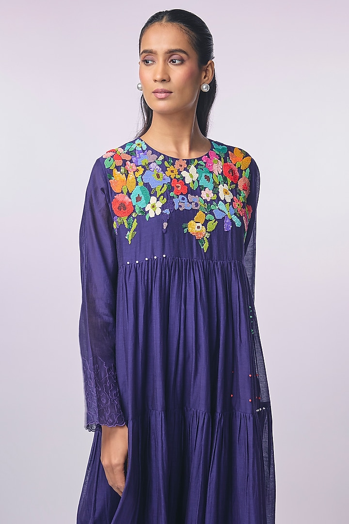 Blue Fine Chanderi Hand Embroidered Tiered Vacation Dress by Half Full Curve at Pernia's Pop Up Shop