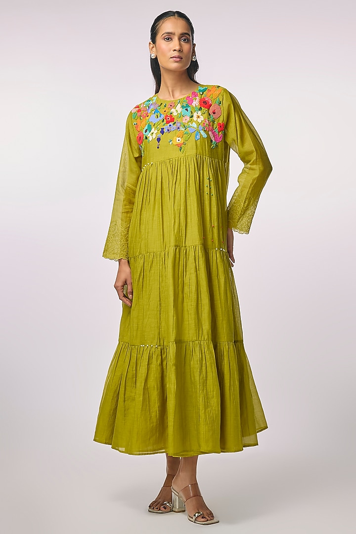 Green Fine Chanderi Hand Embroidered Tiered Vacation Dress by Half Full Curve at Pernia's Pop Up Shop