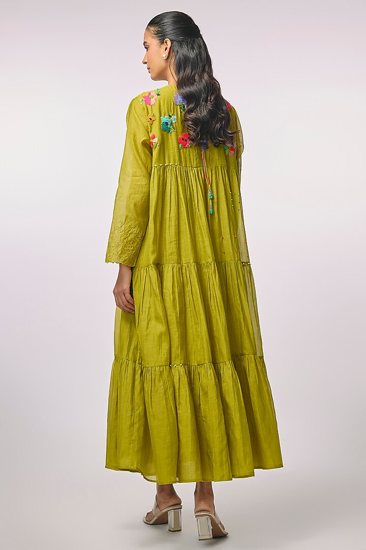 Green Fine Chanderi Hand Embroidered Tiered Vacation Dress by Half Full Curve at Pernia's Pop Up Shop