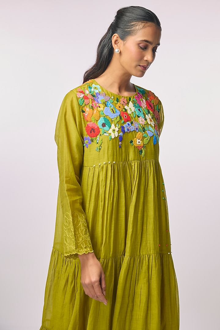 Green Fine Chanderi Hand Embroidered Tiered Vacation Dress by Half Full Curve at Pernia's Pop Up Shop