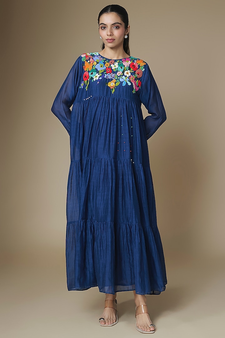 Blue Fine Chanderi Tiered Vacation Dress by Half Full Curve at Pernia's Pop Up Shop