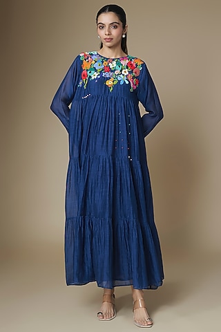 Blue Fine Chanderi Tiered Dress by Half Full Curve