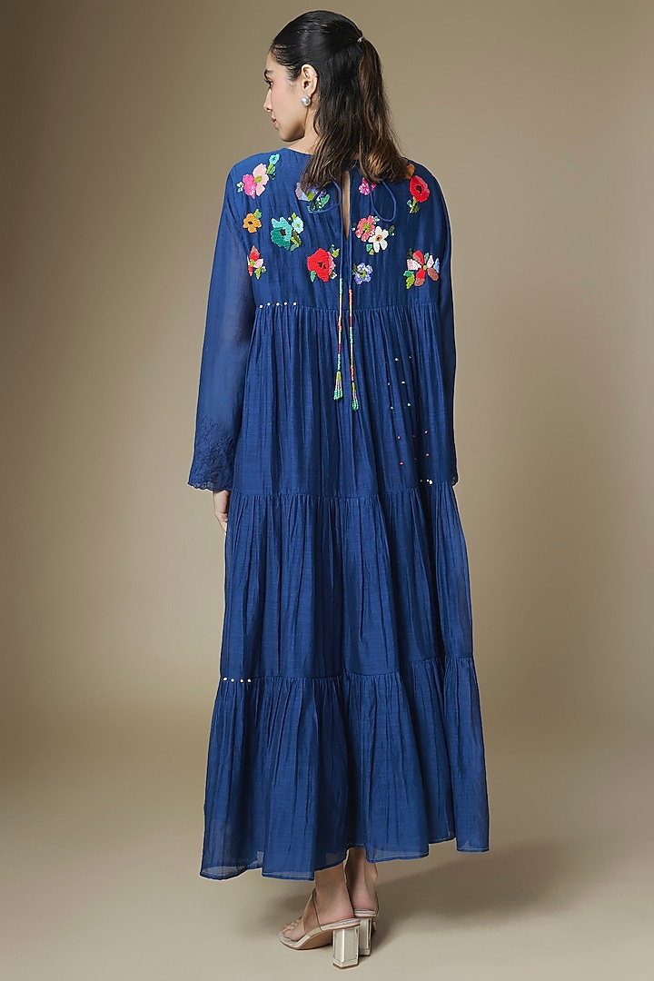 Blue Fine Chanderi Tiered Vacation Dress by Half Full Curve at Pernia's Pop Up Shop