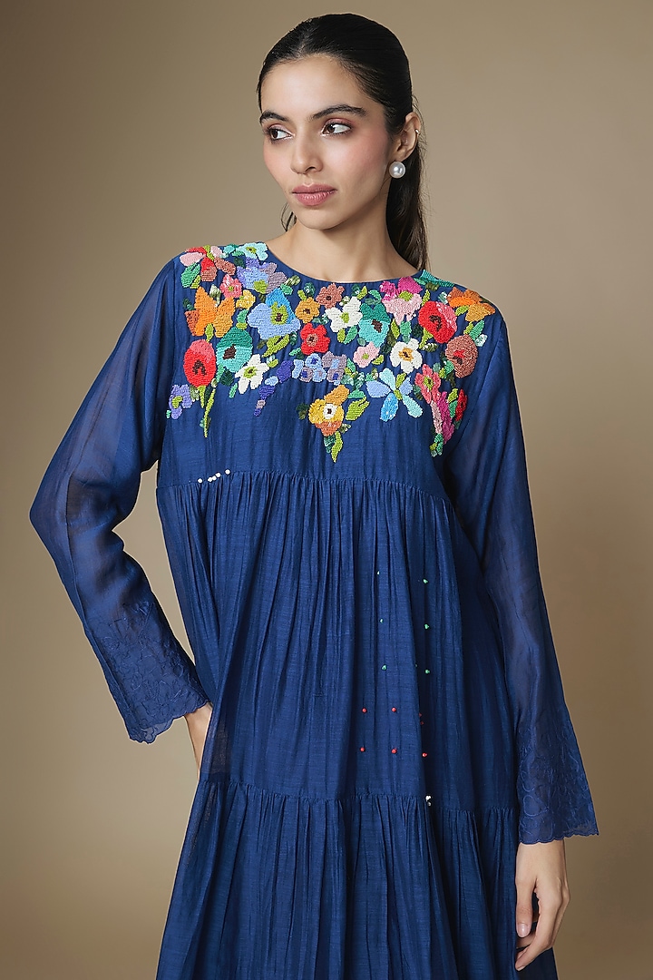 Blue Fine Chanderi Tiered Vacation Dress by Half Full Curve at Pernia's Pop Up Shop