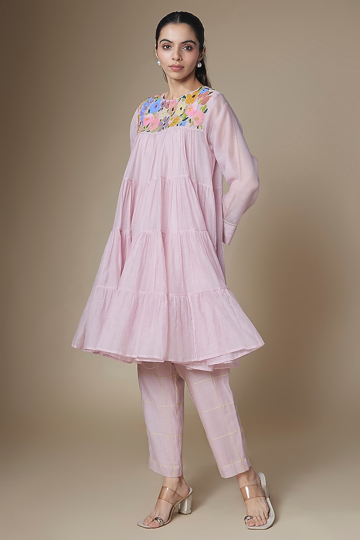 Red Fine Chanderi Short Tiered Kurta Set by Half Full Curve at Pernia's Pop Up Shop