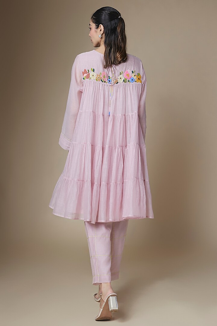 Red Fine Chanderi Short Tiered Kurta Set by Half Full Curve at Pernia's Pop Up Shop