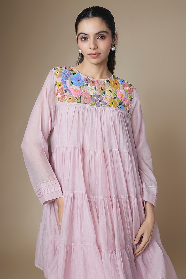 Red Fine Chanderi Short Tiered Kurta Set by Half Full Curve at Pernia's Pop Up Shop
