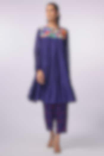 Blue Fine Chanderi Hand Embroidered Tiered Short Kurta Set by Half Full Curve at Pernia's Pop Up Shop
