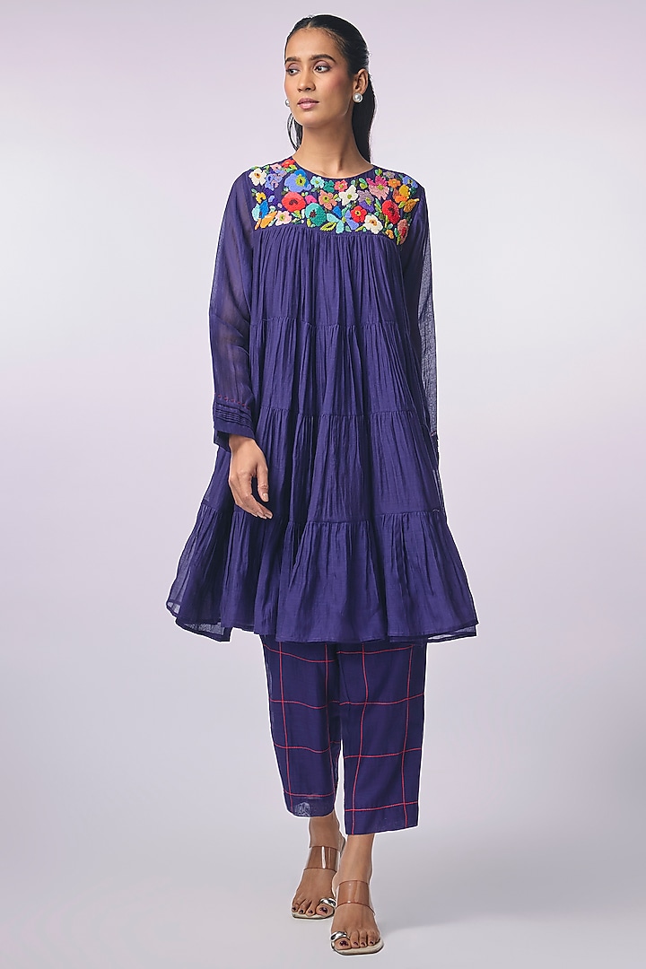 Blue Fine Chanderi Hand Embroidered Tiered Short Kurta Set by Half Full Curve at Pernia's Pop Up Shop