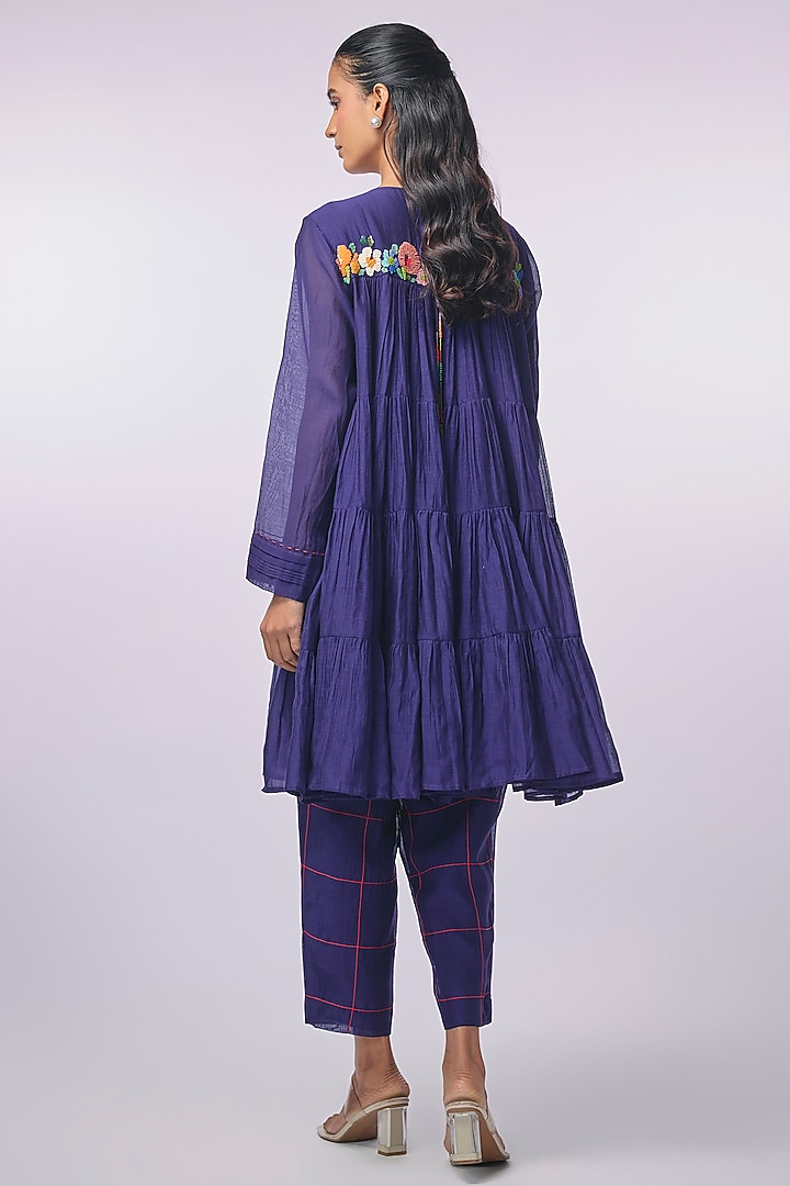 Blue Fine Chanderi Hand Embroidered Tiered Short Kurta Set by Half Full Curve at Pernia's Pop Up Shop