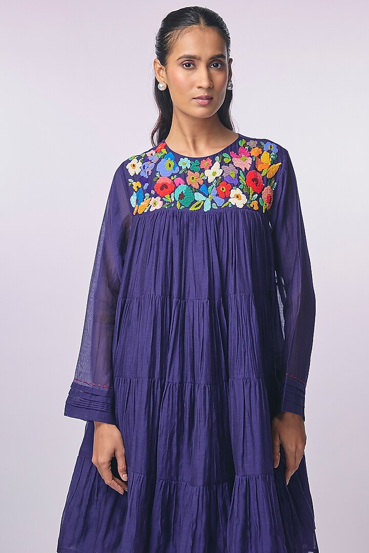 Blue Fine Chanderi Hand Embroidered Tiered Short Kurta Set by Half Full Curve at Pernia's Pop Up Shop