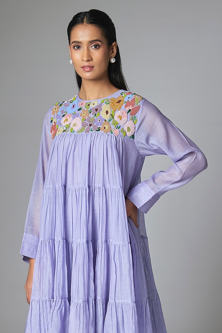 Lilac Fine Chanderi Tiered Short Kurta Set by Half Full Curve at Pernia's Pop Up Shop