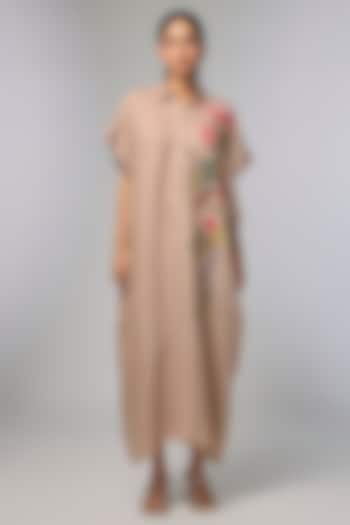 Beige Linen Hand Embroidered Kaftan by Half Full Curve at Pernia's Pop Up Shop