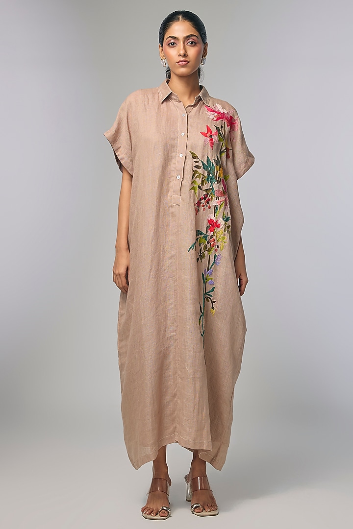 Beige Linen Hand Embroidered Kaftan by Half Full Curve at Pernia's Pop Up Shop