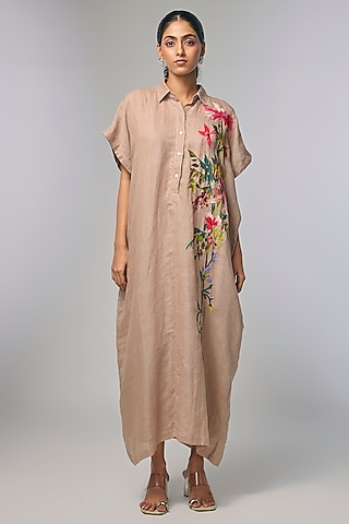 Beige Linen Hand Embroidered Kaftan by Half Full Curve