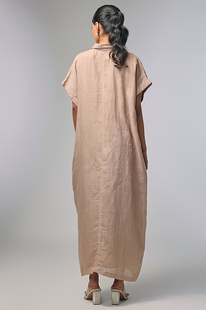 Beige Linen Hand Embroidered Kaftan by Half Full Curve at Pernia's Pop Up Shop