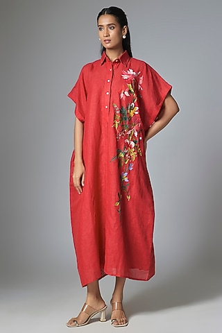 Red Pure Linen Square Kaftan by Half Full Curve