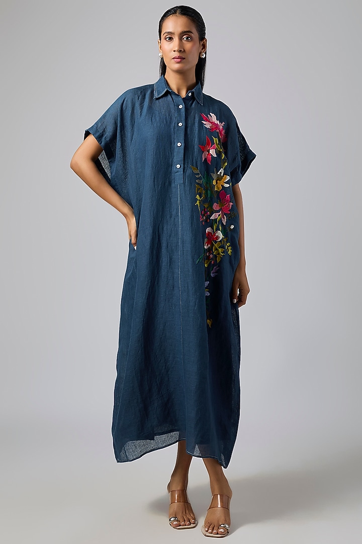Blue Linen Vacation Dress by Half Full Curve at Pernia's Pop Up Shop