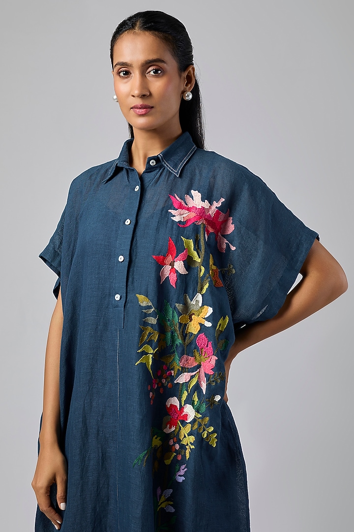 Blue Linen Vacation Dress by Half Full Curve at Pernia's Pop Up Shop