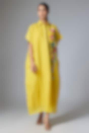Yellow Pure Linen Square Kaftan by Half Full Curve at Pernia's Pop Up Shop