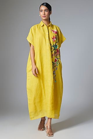 Yellow Pure Linen Square Kaftan by Half Full Curve