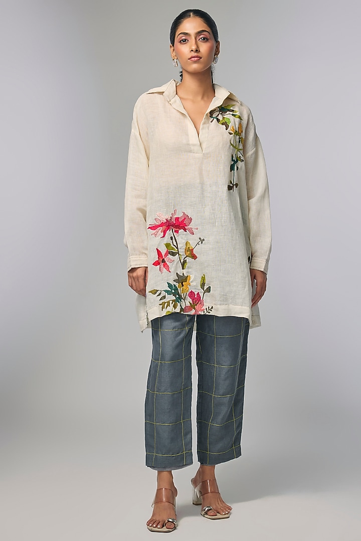 Ivory Linen Hand Embroidered Co-Ord Set by Half Full Curve at Pernia's Pop Up Shop