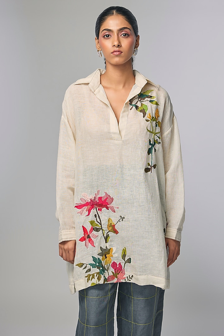 Ivory Linen Hand Embroidered Co-Ord Set by Half Full Curve at Pernia's Pop Up Shop