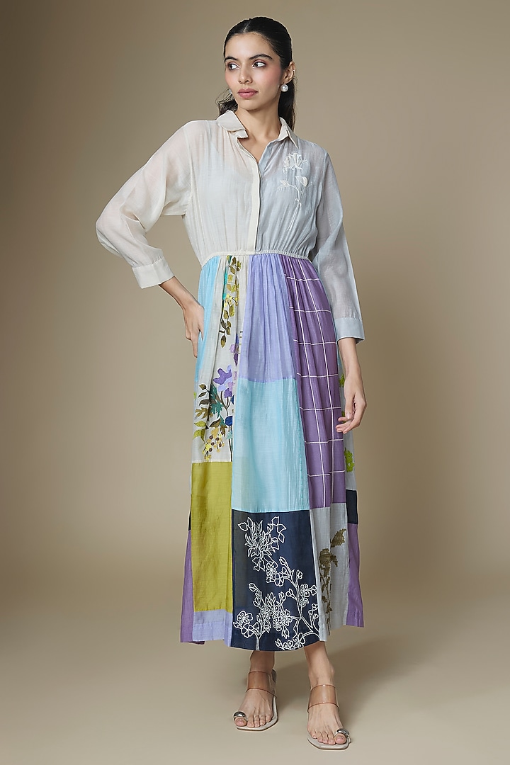 Multi-Colored Fine Chanderi Upcycled Shirt Cocktail Dress by Half Full Curve at Pernia's Pop Up Shop
