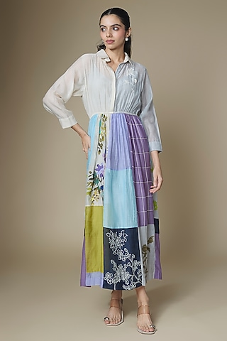 Multi-Colored Fine Chanderi Upcycled Shirt Dress by Half Full Curve