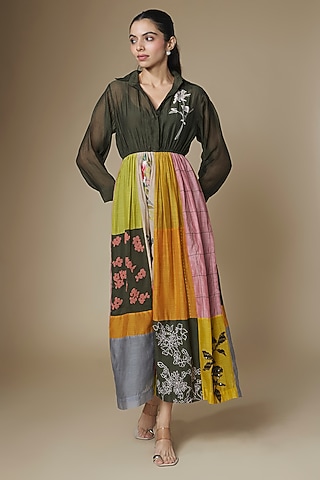 Multi-Colored Fine Chanderi Upcycled Shirt Dress by Half Full Curve