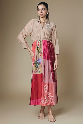 Multi-Colored Fine Chanderi Upcycled Shirt Dress by Half Full Curve