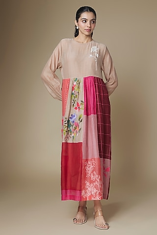 Multi-Colored Fine Chanderi Upcycled Shirt Dress by Half Full Curve