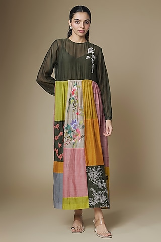 Multi-Colored Fine Chanderi Upcycled Shirt Dress by Half Full Curve