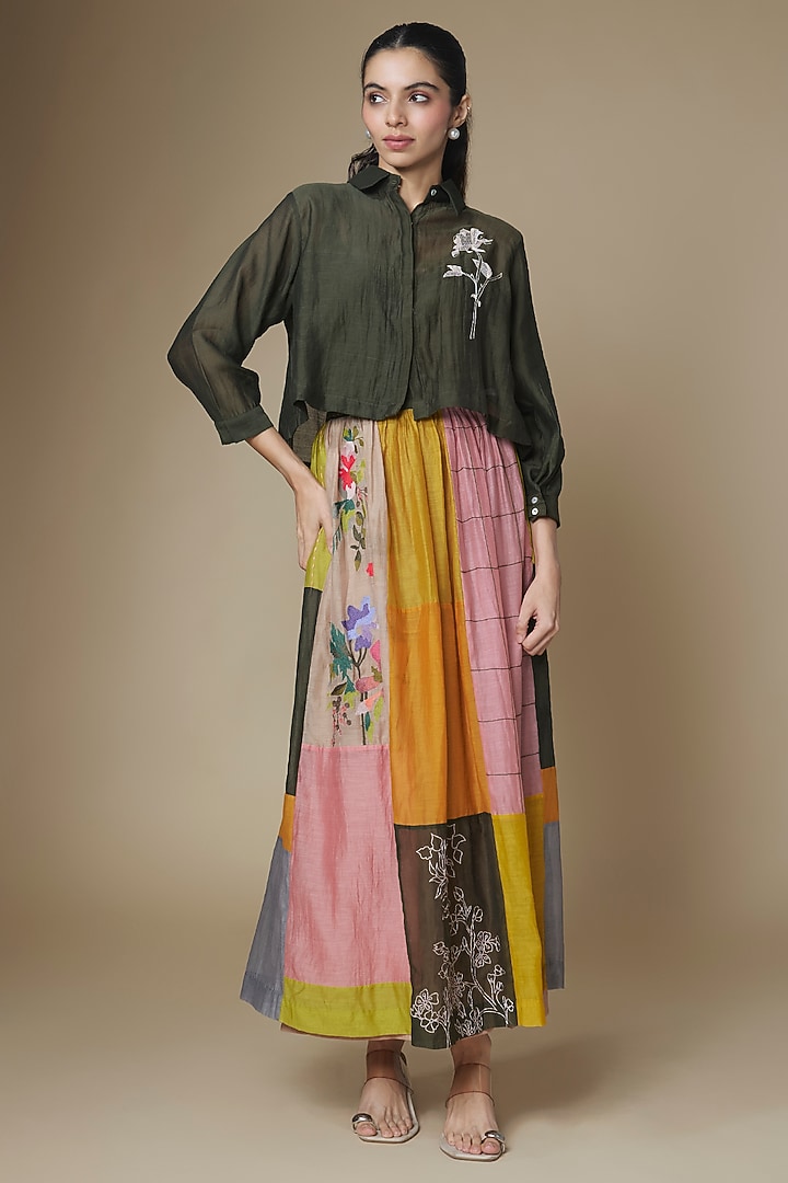 Multi-Colored Fine Chanderi Upcycled Skirt Set by Half Full Curve at Pernia's Pop Up Shop