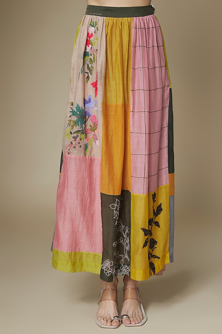 Multi-Colored Fine Chanderi Upcycled Skirt Set by Half Full Curve at Pernia's Pop Up Shop