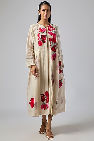 Ecru Fine Chanderi Jacket Dress by Half Full Curve