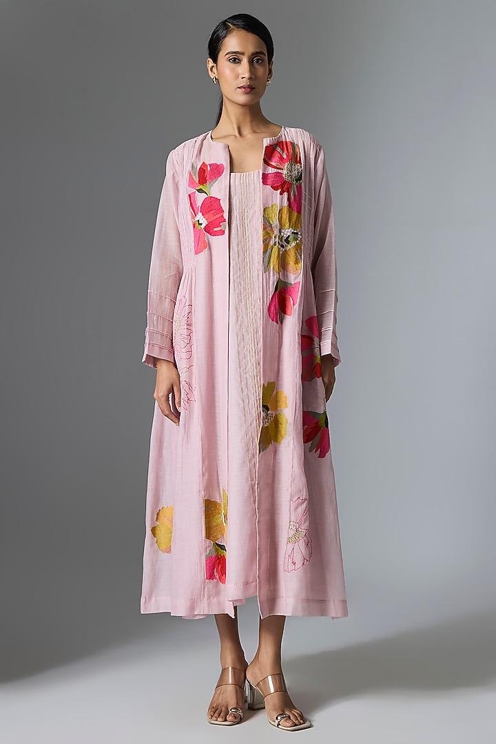 Baby Pink Fine Chanderi Long Jacket by Half Full Curve at Pernia's Pop Up Shop