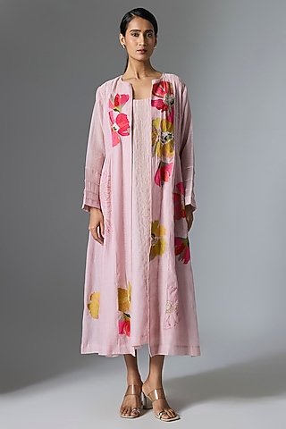 Baby Pink Fine Chanderi Long Jacket by Half Full Curve