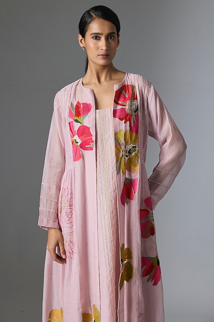 Baby Pink Fine Chanderi Long Jacket by Half Full Curve at Pernia's Pop Up Shop