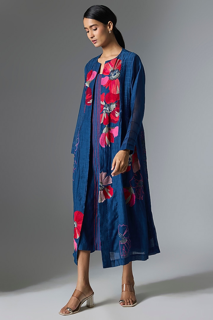 Blue Fine Chanderi Jacket Set by Half Full Curve at Pernia's Pop Up Shop