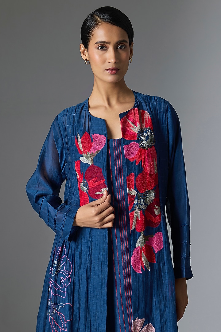 Blue Fine Chanderi Jacket Set by Half Full Curve at Pernia's Pop Up Shop