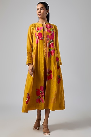 Yellow Fine Chanderi Jacket Dress by Half Full Curve