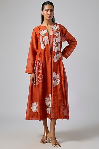 Orange Fine Chanderi Jacket Dress by Half Full Curve
