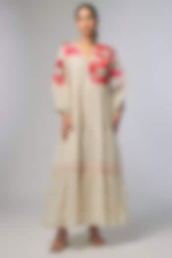 Ivory Fine Chanderi Applique Hand Embroidered Vacation Dress by Half Full Curve at Pernia's Pop Up Shop