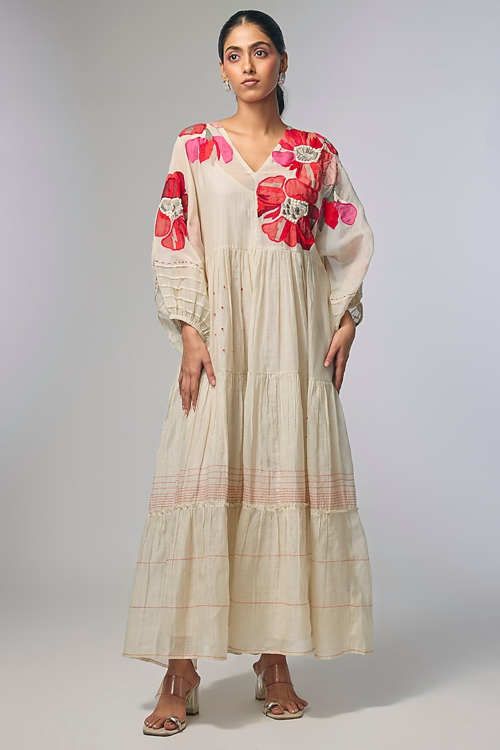 Ivory Fine Chanderi Applique Hand Embroidered Vacation Dress by Half Full Curve at Pernia's Pop Up Shop