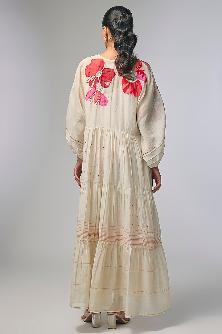 Ivory Fine Chanderi Applique Hand Embroidered Vacation Dress by Half Full Curve at Pernia's Pop Up Shop